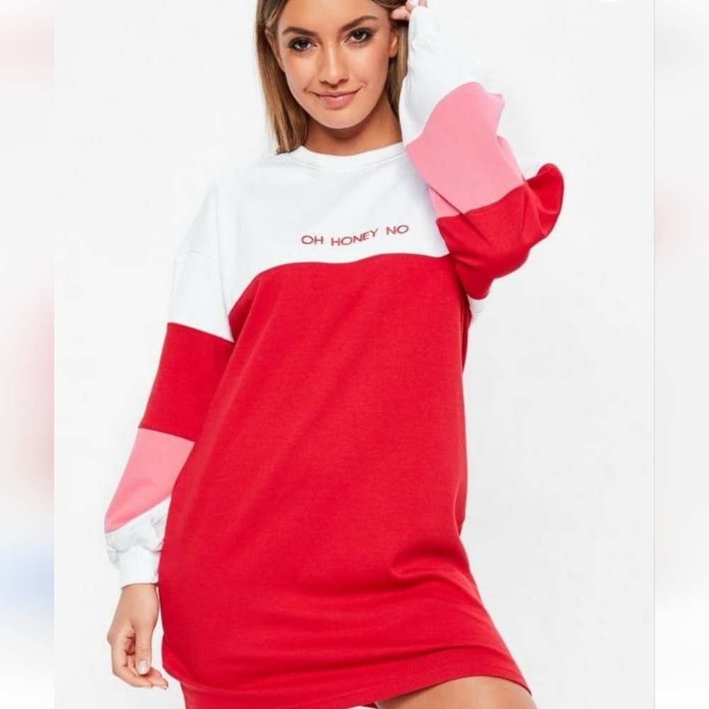 Sweater Dress. Color Block. Pink Red & White.